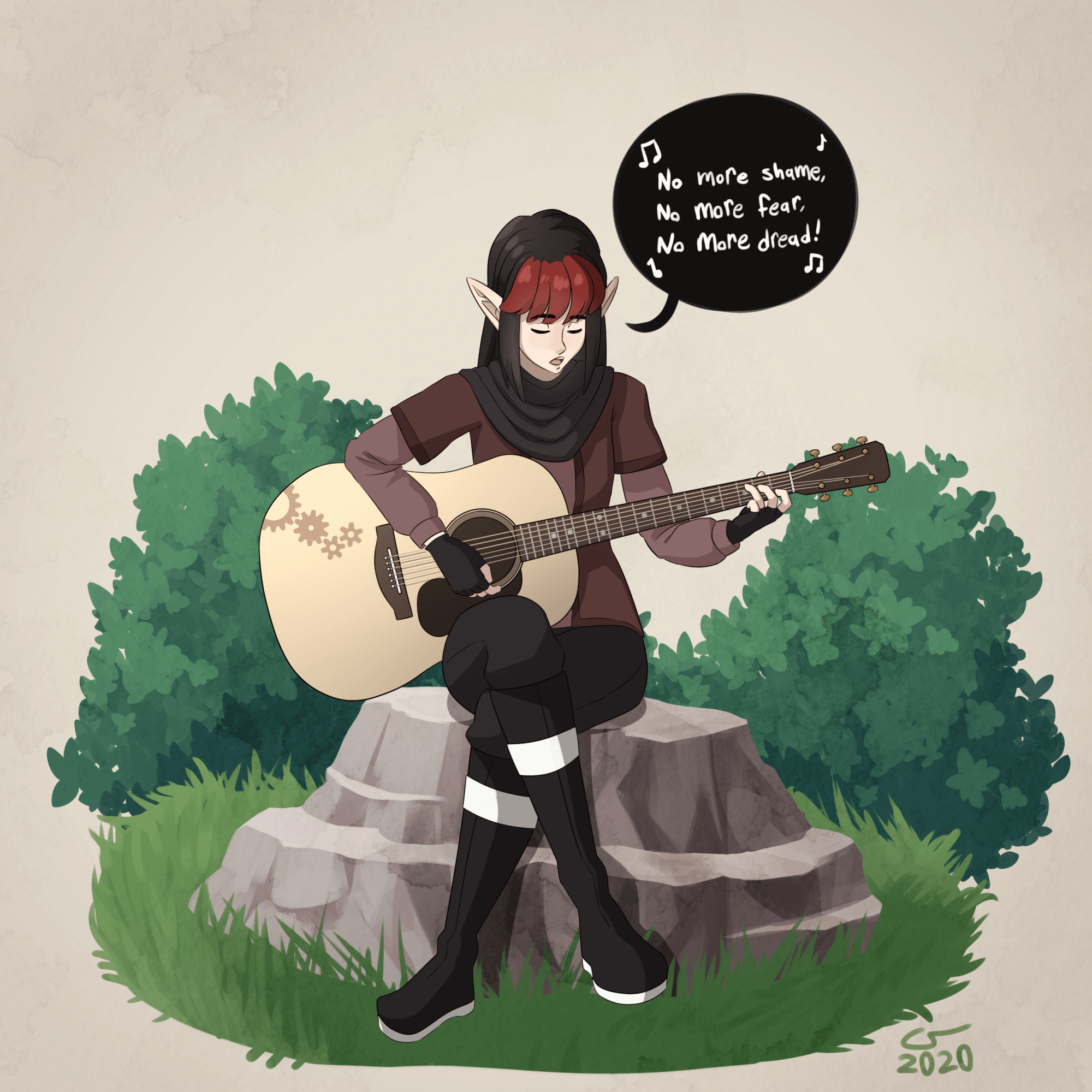 Illustration of Vae sitting on a rock, playing guitar and singing 'No more shame, no more fear, no more dread'.